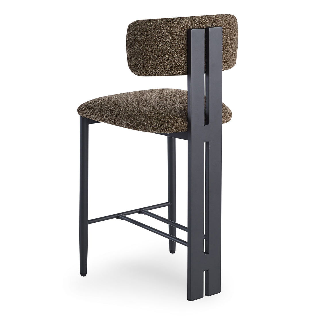 Haleo Curved Boucle Fabric Barstool Set of 2 in Rust Brown features a slim black metal frame, textured upholstery, curved backrest, and wood-look metal legs, providing stylish comfort for kitchen counters.