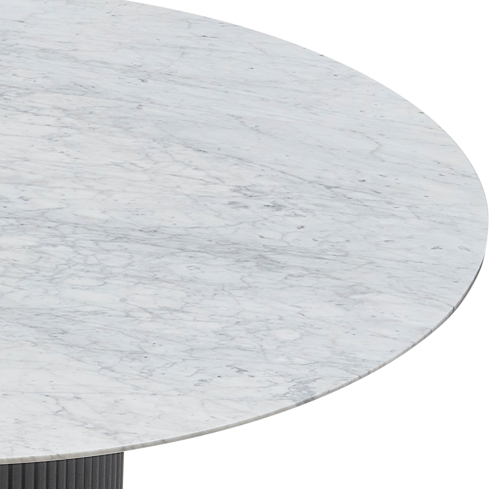 Close-up of the Gracie 120cm Round Marble Dining Table, showcasing its white marble tabletop with light gray veining and the dark-colored fluted pedestal base, highlighting its luxurious and stable design.