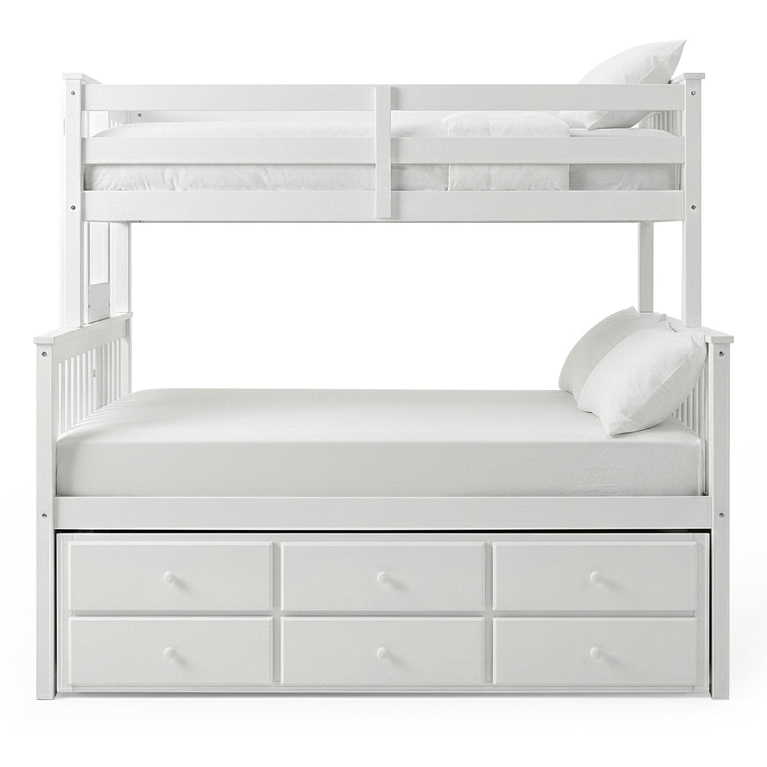 White twin-over-full bunk bed with storage drawers on white background