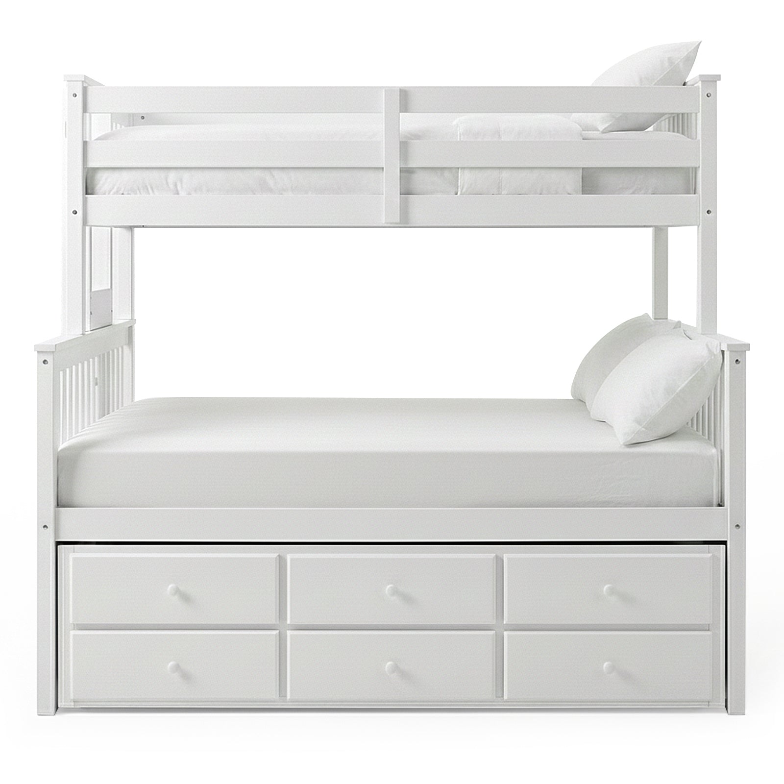 White twin-over-full bunk bed with storage drawers on white background