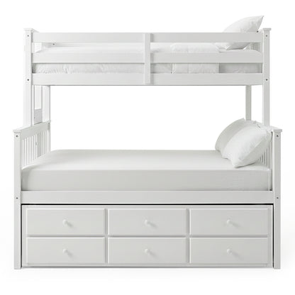 White twin-over-full bunk bed with storage drawers on white background