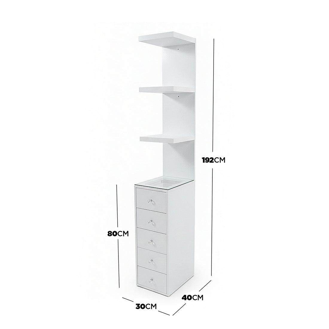 White storage unit with open shelves and drawers with dimensions labeled