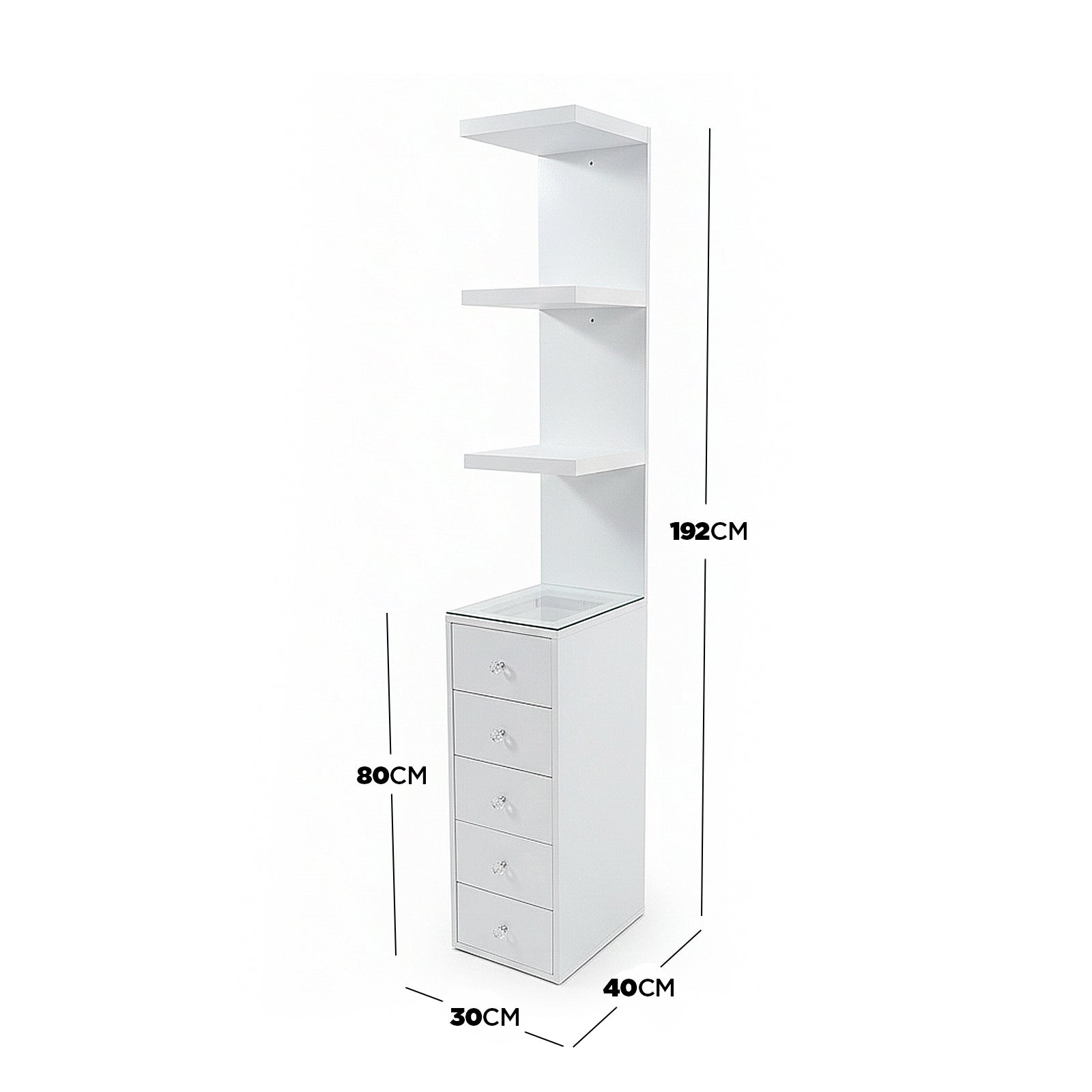 White storage unit with open shelves and drawers with dimensions labeled