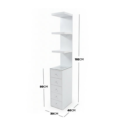 White storage unit with open shelves and drawers with dimensions labeled