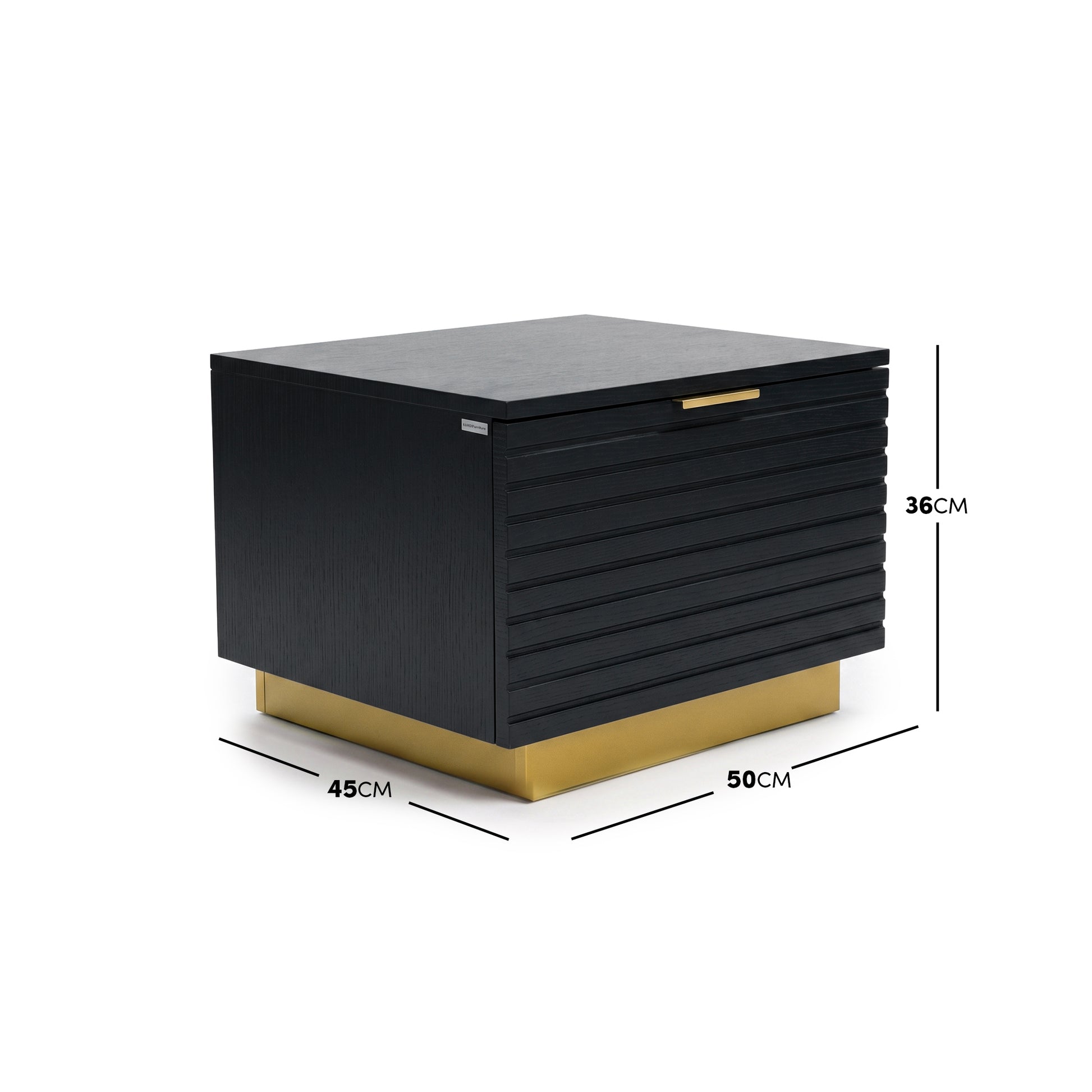 Black modern nightstand on white background with dimensions shown