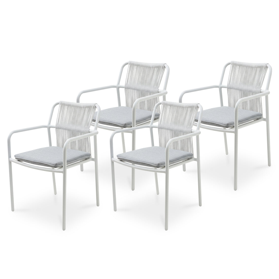 Evone Aluminium Rope Outdoor Dining Chair in Light Grey features a white tubular metal frame, rope-style backrest, and light-gray cushioned seat, perfect for stylish indoor/outdoor dining and casual seating. Set of four.