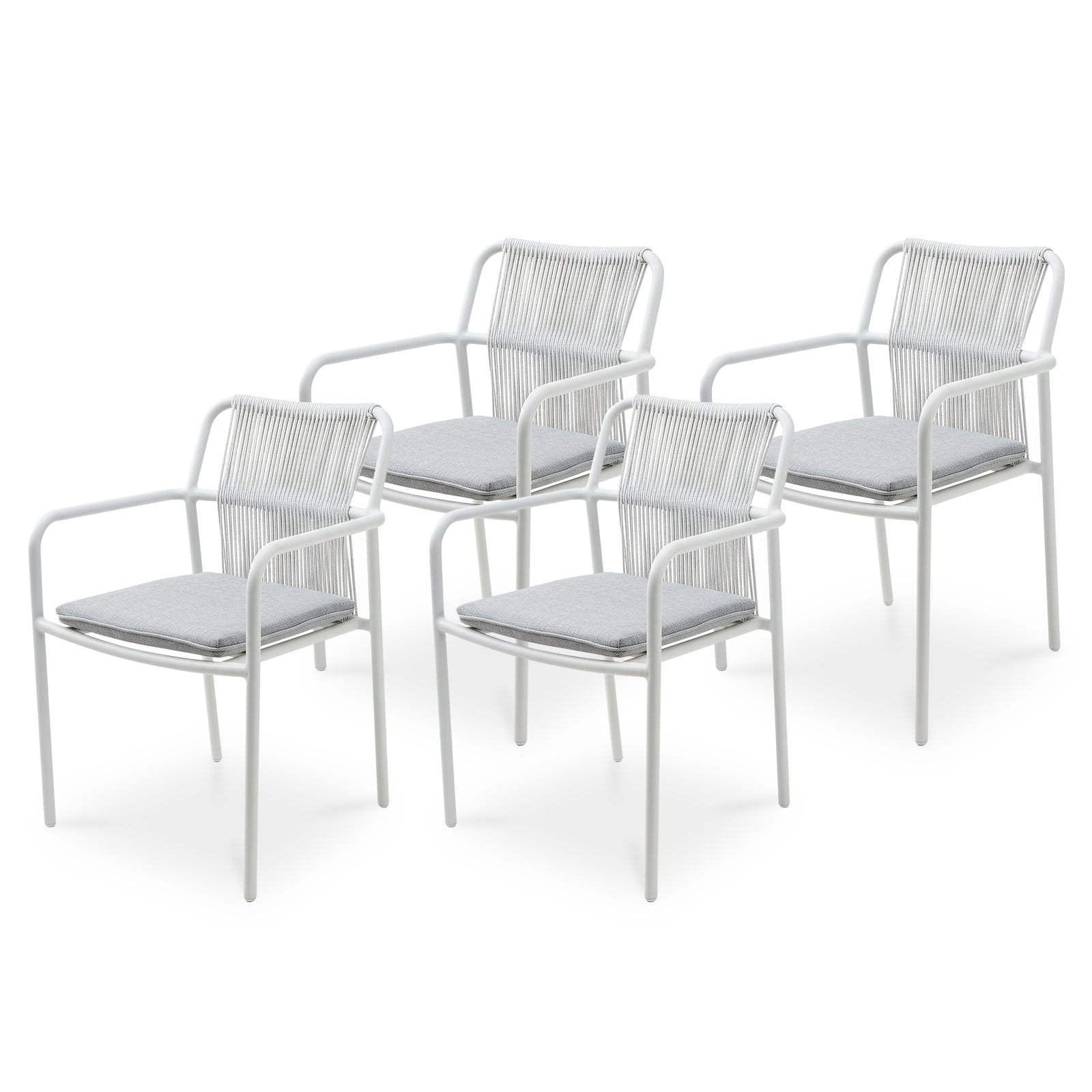 Evone Aluminium Rope Outdoor Dining Chair in Light Grey features a white tubular metal frame, rope-style backrest, and light-gray cushioned seat, perfect for stylish indoor/outdoor dining and casual seating. Set of four.