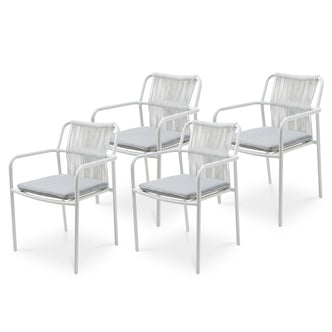 Evone Aluminium Rope Outdoor Dining Chair in Light Grey features a white tubular metal frame, rope-style backrest, and light-gray cushioned seat, perfect for stylish indoor/outdoor dining and casual seating. Set of four.