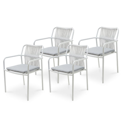 Evone Aluminium Rope Outdoor Dining Chair in Light Grey features a white tubular metal frame, rope-style backrest, and light-gray cushioned seat, perfect for stylish indoor/outdoor dining and casual seating. Set of four.