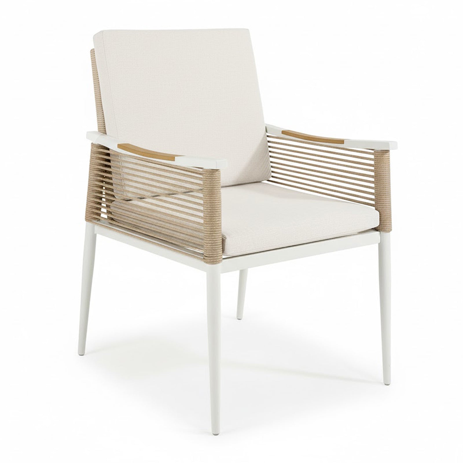 Casara 7 Piece Outdoor Dining Set showcases a sleek design with white, powder-coated metal framing, light-beige cushions, and natural-toned rope armrests, creating a modern, inviting outdoor dining experience.