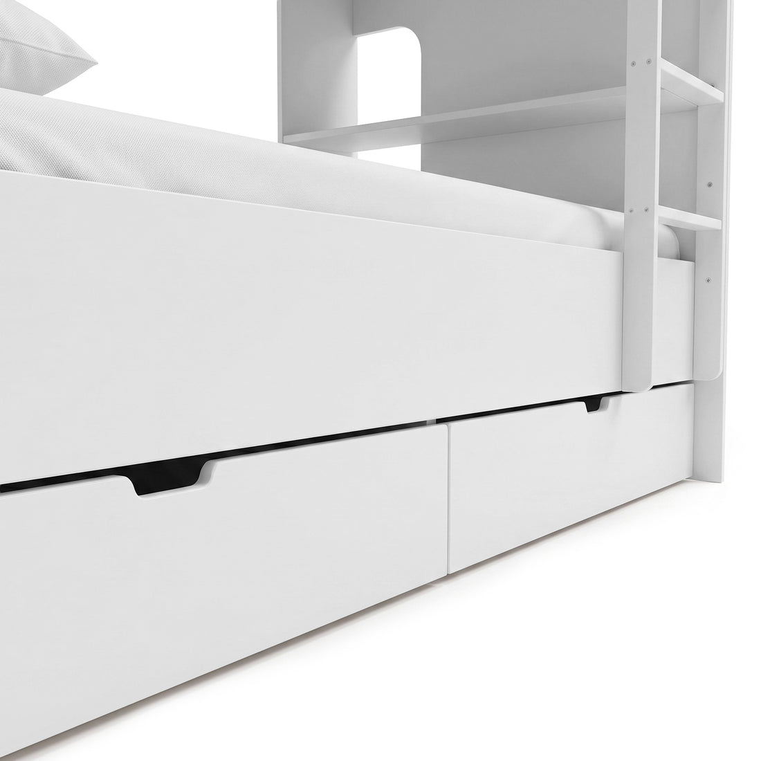 Close-up of the lower section of a white bunk bed with storage drawers