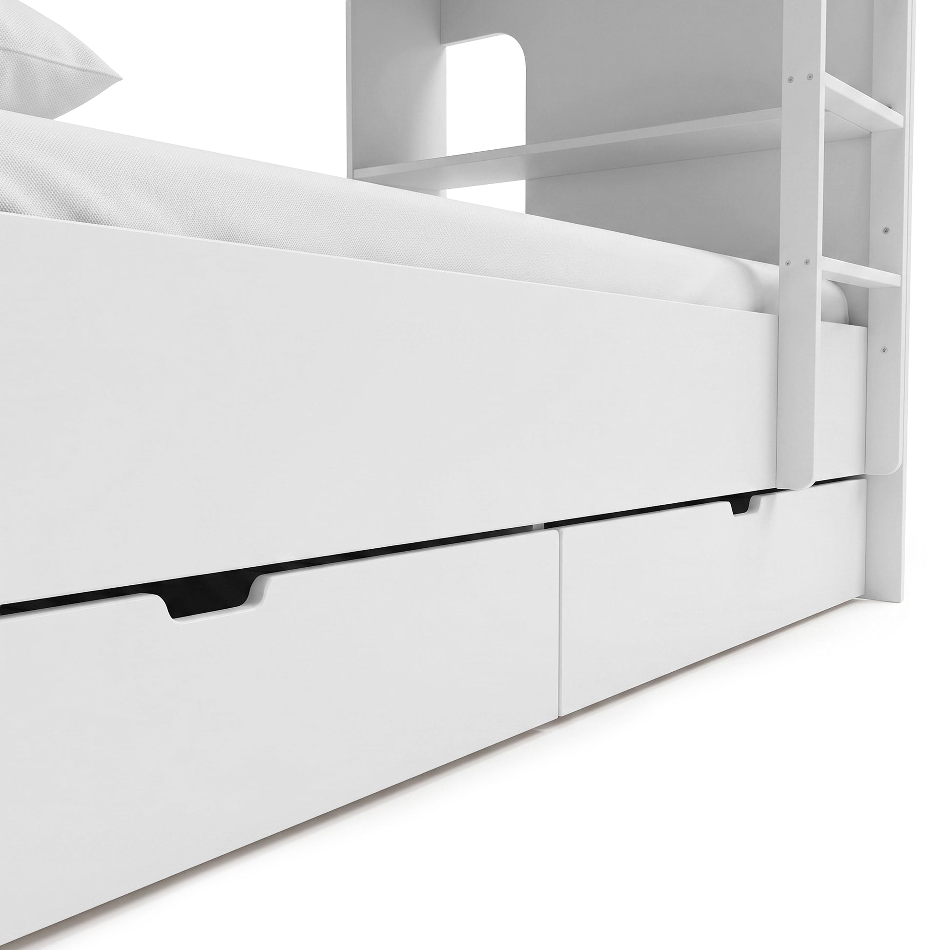 Close-up of the lower section of a white bunk bed with storage drawers