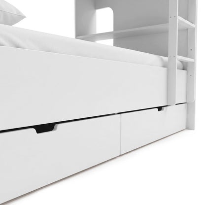 Close-up of the lower section of a white bunk bed with storage drawers