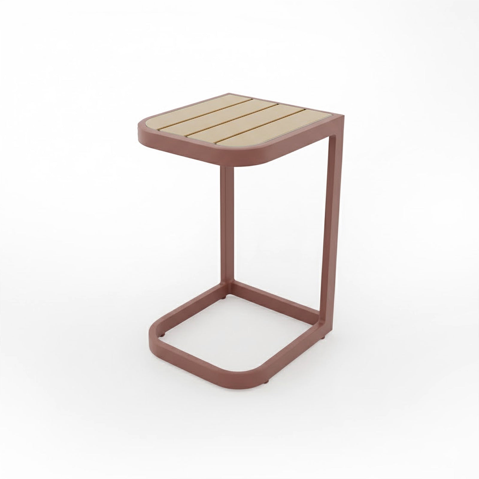 Paloma Modular Outdoor Lounge Set in Terracotta featuring a sleek C-table with a cantilevered metal frame and light-wood slatted tabletop, designed for sliding alongside sofas or chairs.