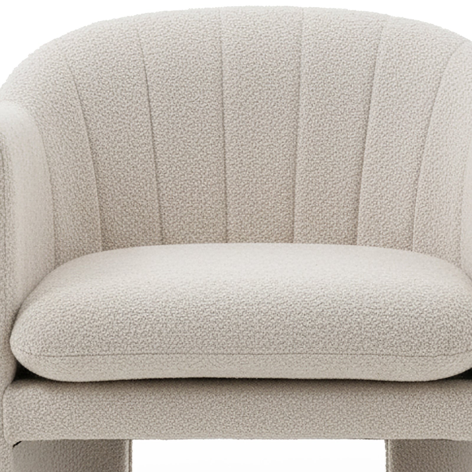 Liora Bouclé Curved Accent Armchair in Beige features a loop-textured upholstery with a curved backrest and plush seat cushion, designed for comfort and modern style in living spaces.