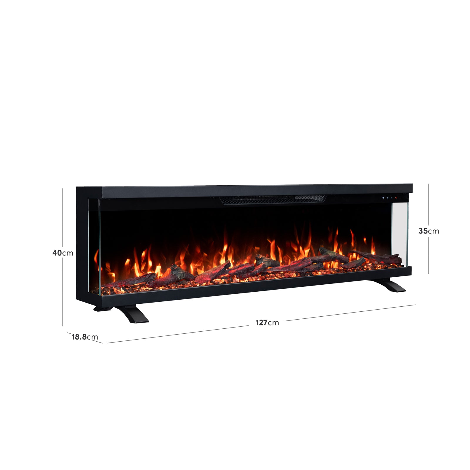 Electric fireplace on white background with dimensions indicated in centimeters.