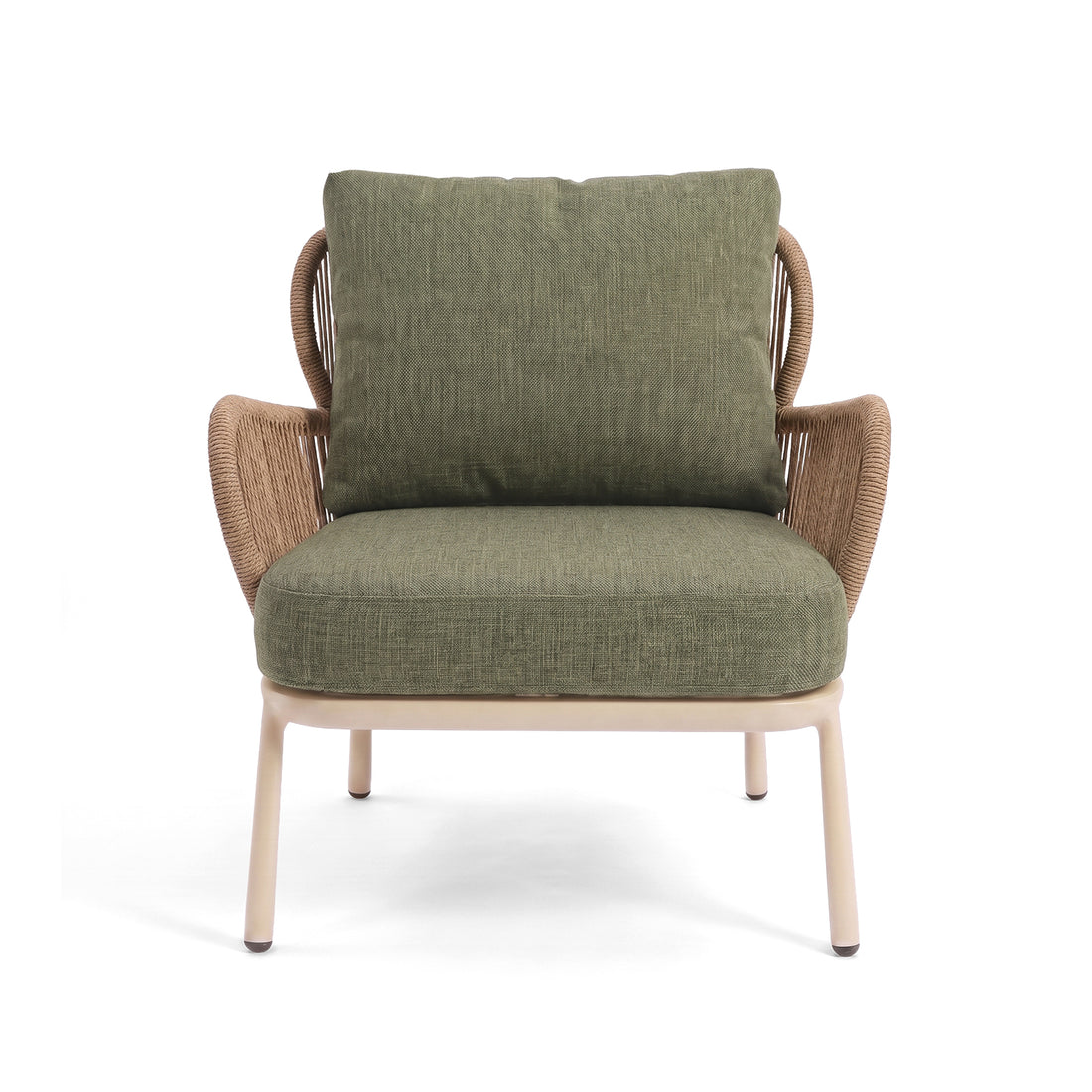 Modern accent chair with olive green cushions and woven arm details on a white background