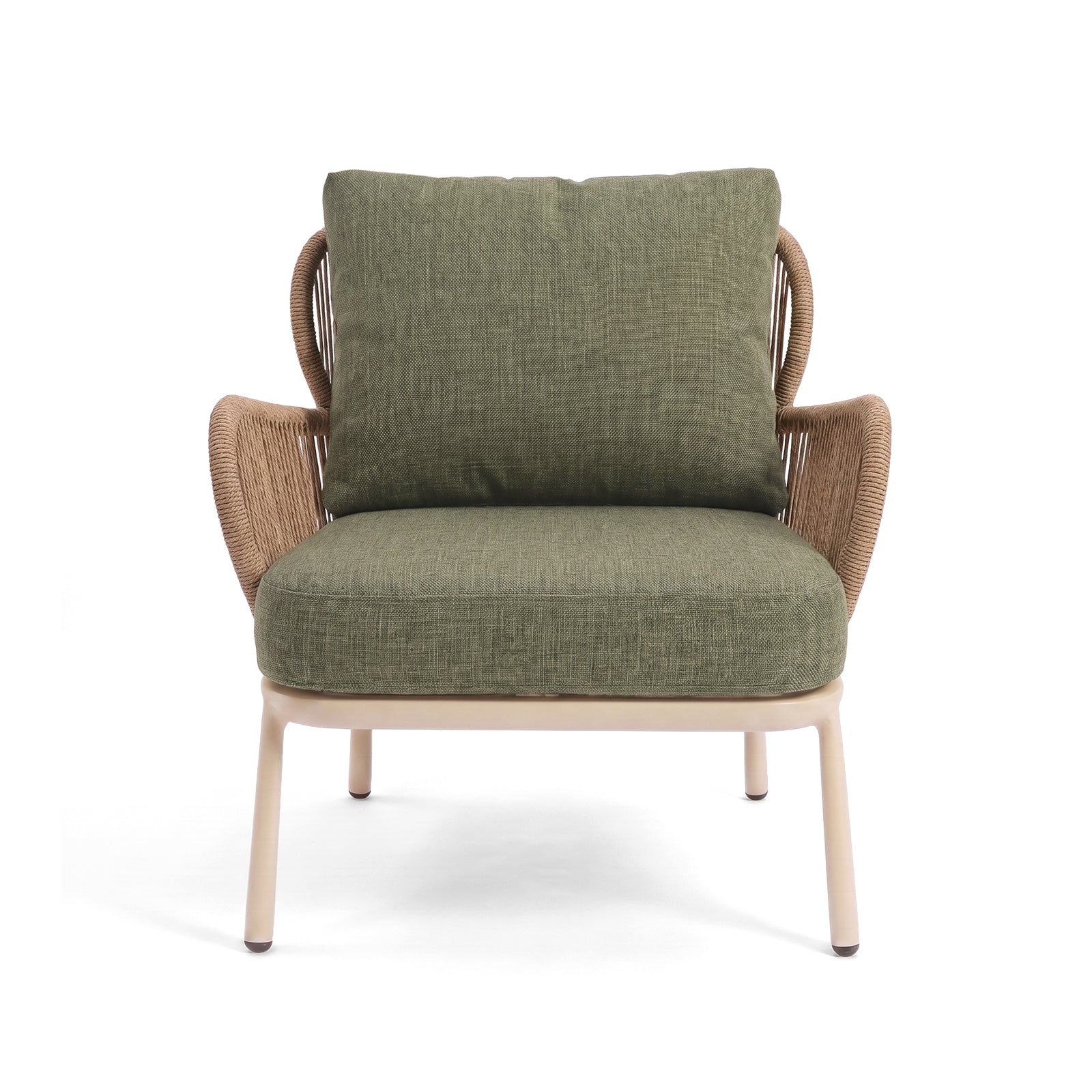 Modern accent chair with olive green cushions and woven arm details on a white background