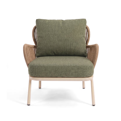 Modern accent chair with olive green cushions and woven arm details on a white background