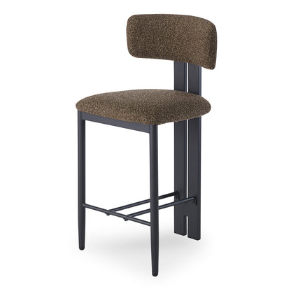 Haleo Curved Boucle Fabric Barstool Set of 2 in Rust Brown features a slim black metal frame with cross-bar footrest, and textured brown fabric upholstery on seat and small backrest.