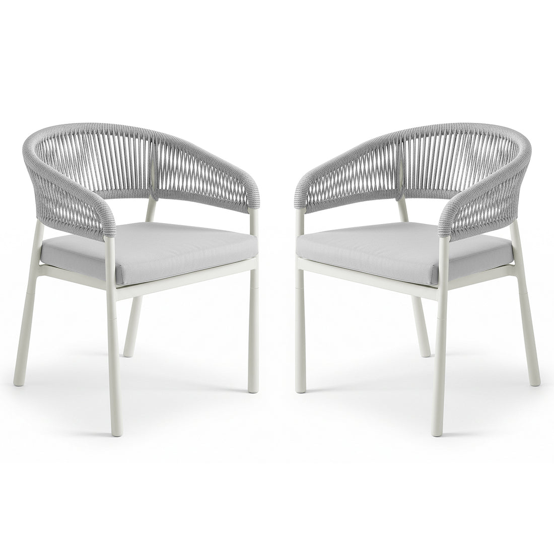 Coastal Outdoor Rope Dining Chairs Set of 2 in White feature powder-coated metal frames, woven rope backrests, and padded seat cushions, ideal for indoor or outdoor dining and lounging.