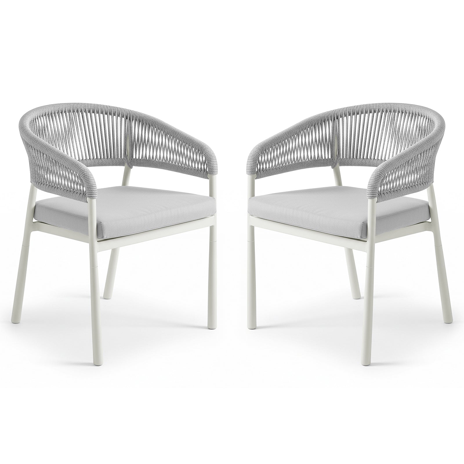 Coastal Outdoor Rope Dining Chairs Set of 2 in White feature powder-coated metal frames, woven rope backrests, and padded seat cushions, ideal for indoor or outdoor dining and lounging.