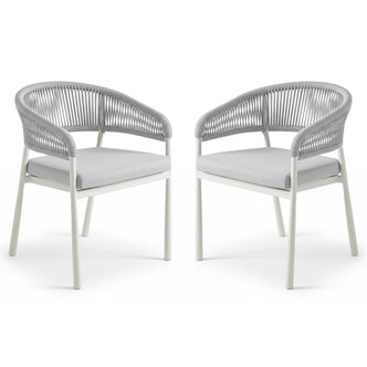 Coastal Outdoor Rope Dining Chairs Set of 2 in White feature powder-coated metal frames, woven rope backrests, and padded seat cushions, ideal for indoor or outdoor dining and lounging.