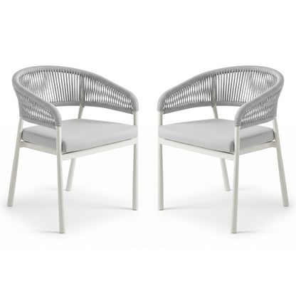 Coastal Outdoor Rope Dining Chairs Set of 2 in White feature powder-coated metal frames, woven rope backrests, and padded seat cushions, ideal for indoor or outdoor dining and lounging.
