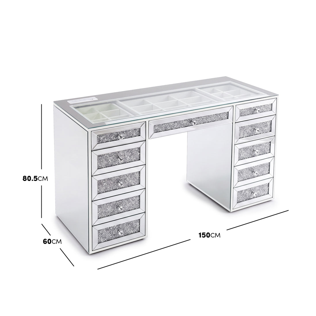 Mirrored vanity desk with dimension lines showing width, depth, and height