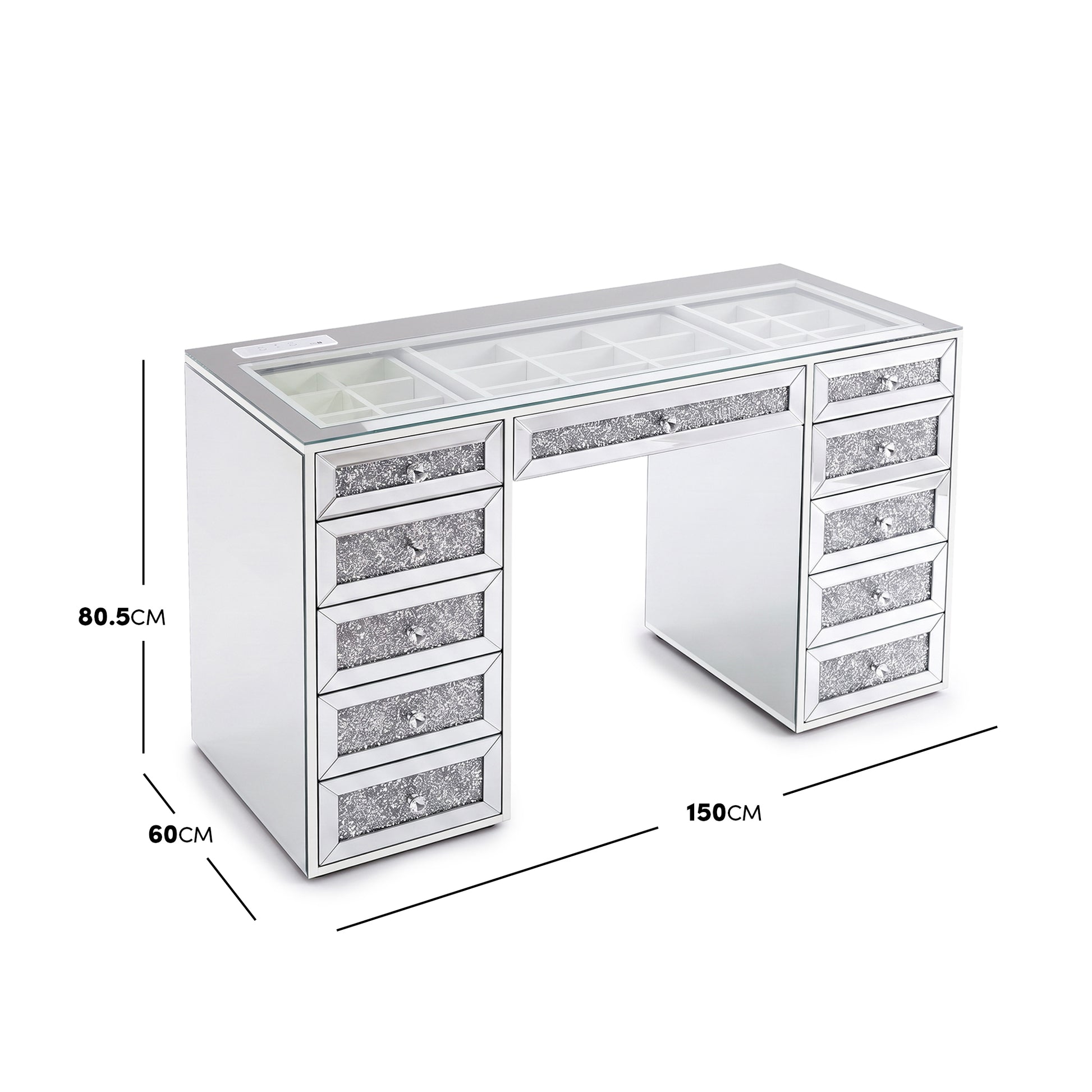 Mirrored vanity desk with dimension lines showing width, depth, and height