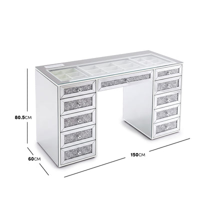 Mirrored vanity desk with dimension lines showing width, depth, and height