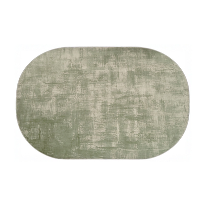 Oval muted green and gray rug on a white background