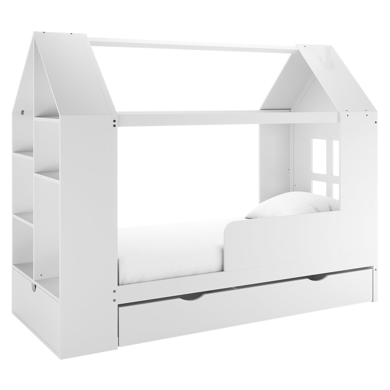 Haron Single Cubby House Bed Storage in White, featuring a house-shaped frame, single mattress platform, partial guardrail, open shelving cubbies, and a pull-out under-bed drawer for storage.