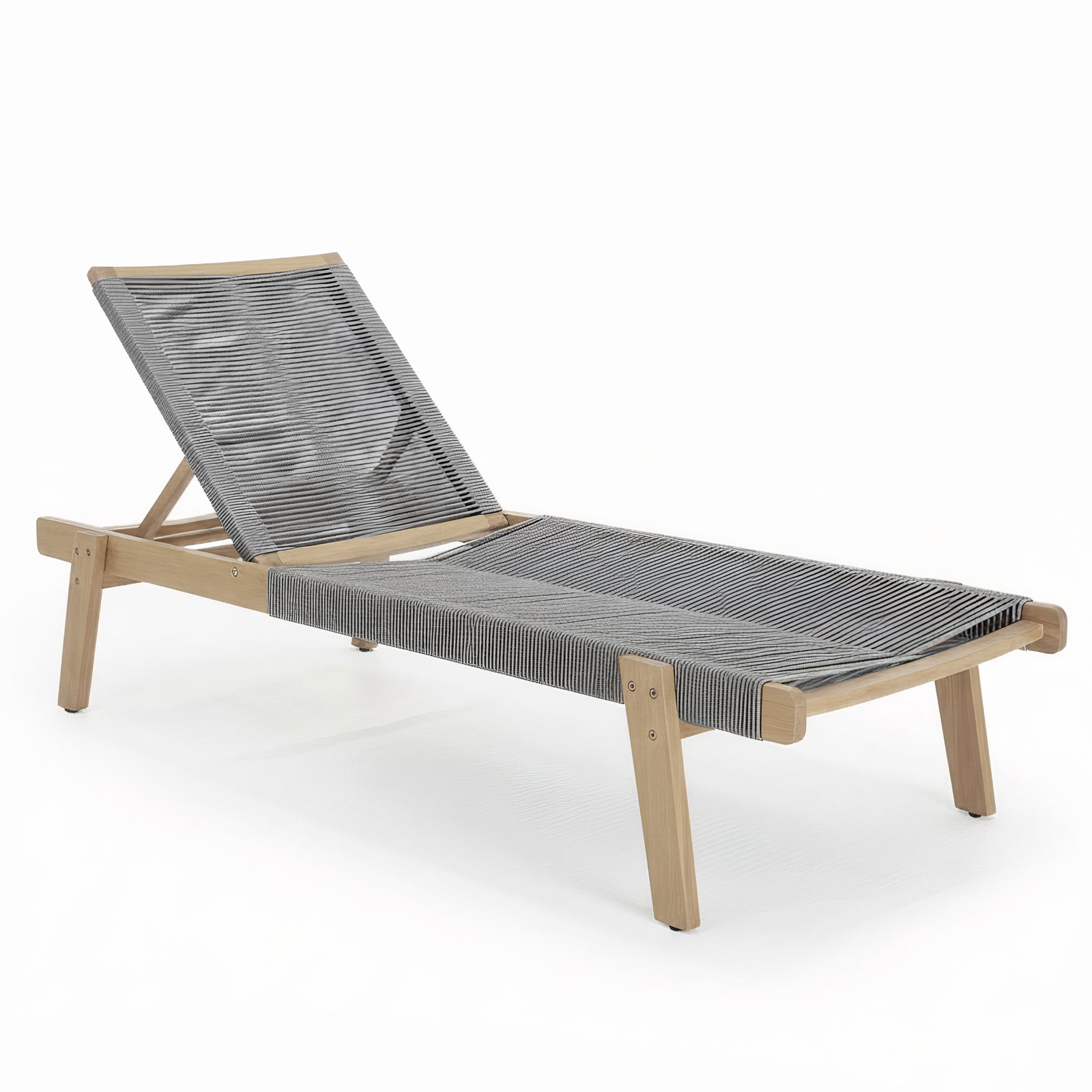 Aureli Hardwood Acacia Reclining Sun Lounger features a light wood frame, woven-rope seat, and adjustable backrest, perfect for outdoor relaxation, sunbathing, or lounging by the pool.