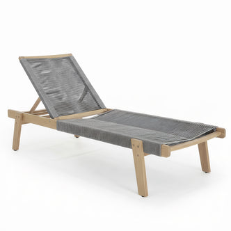 Aureli Hardwood Acacia Reclining Sun Lounger features a light wood frame, woven-rope seat, and adjustable backrest, perfect for outdoor relaxation, sunbathing, or lounging by the pool.