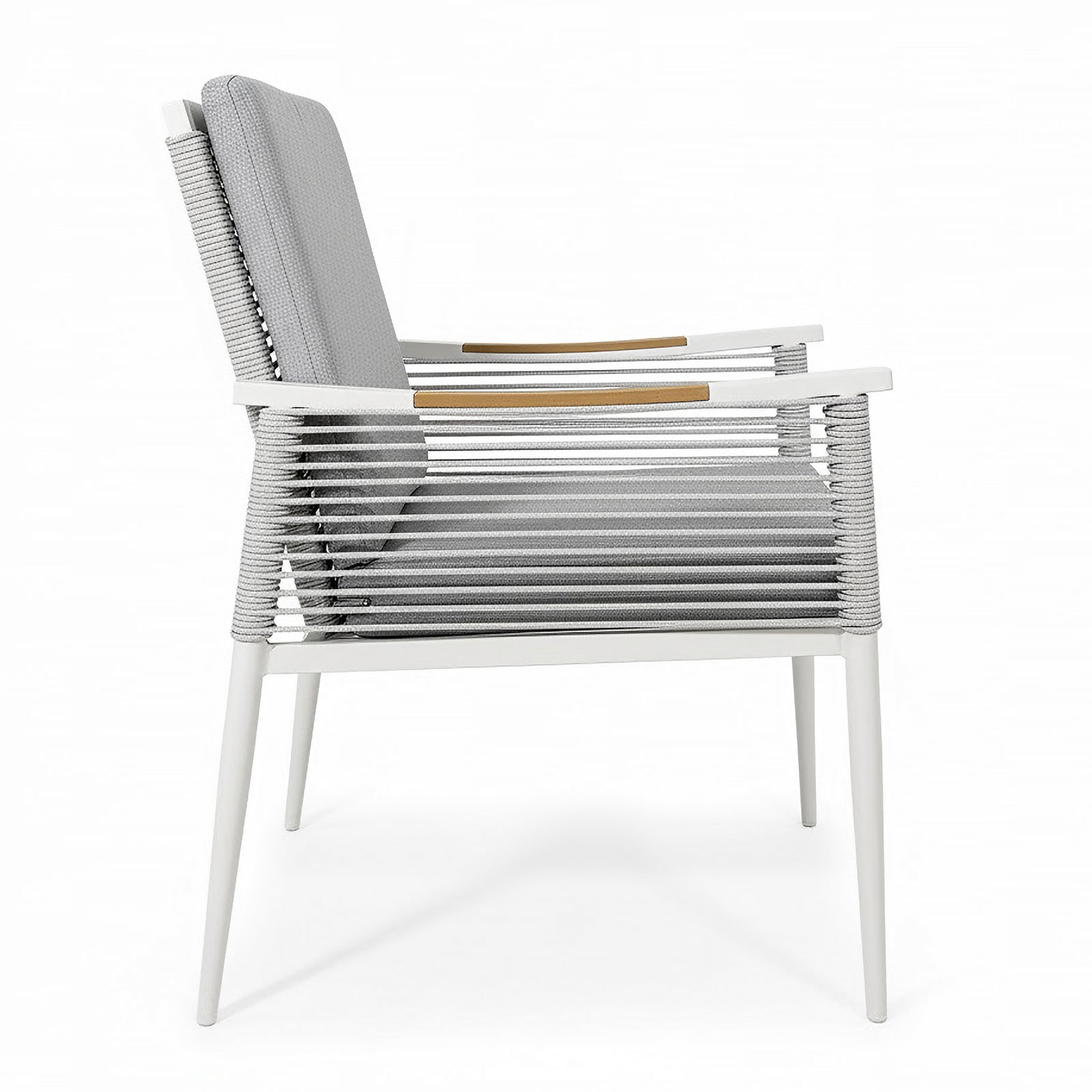 Casara 9 Piece Outdoor Dining Set features a sleek white metal frame, light-gray rope seating, and wooden armrest inlays, embodying a modern design perfect for alfresco gatherings.