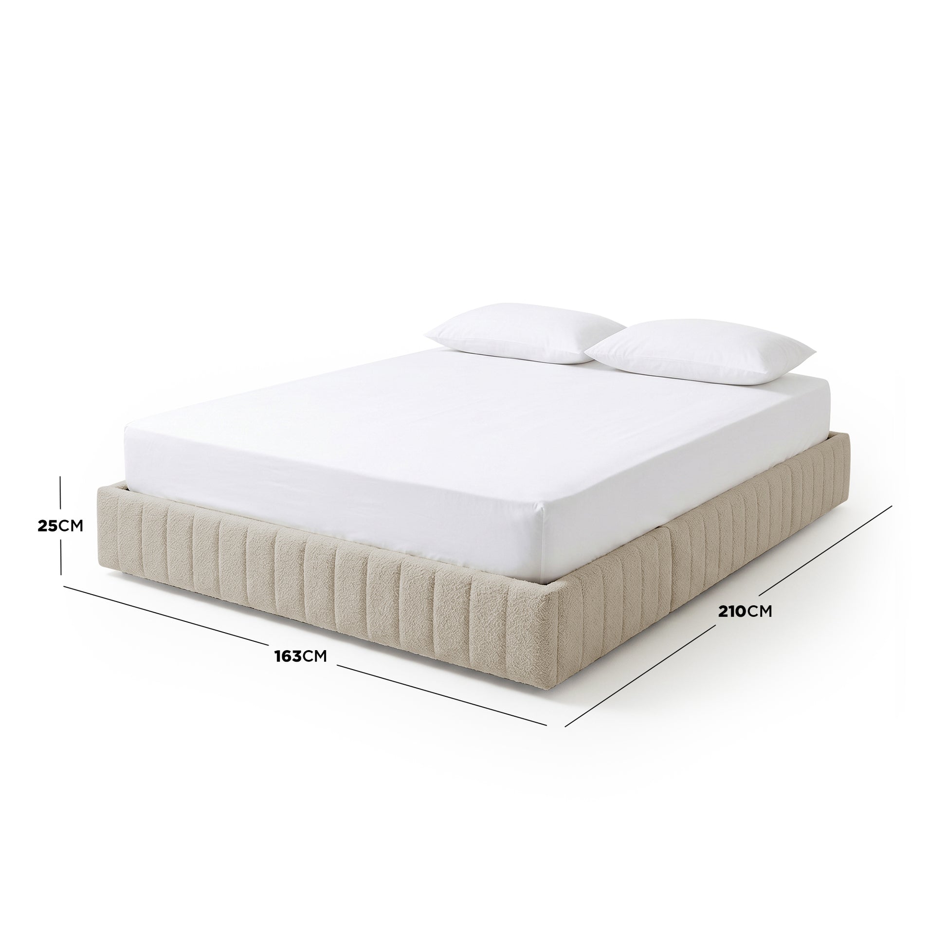 Modern upholstered bed with pillows and dimensions on white background