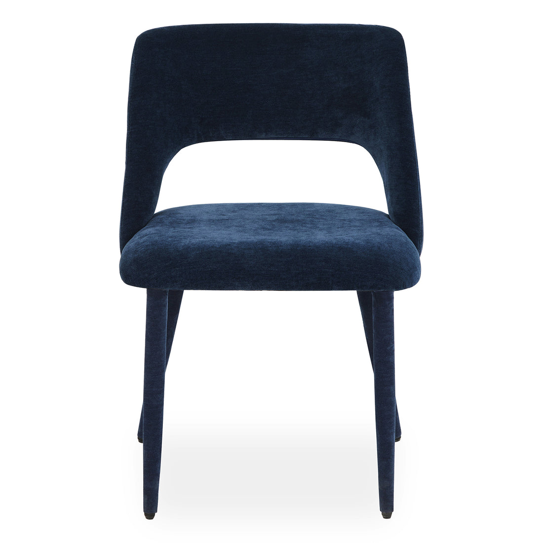 Modern accent chair in dark blue velvet on a white background, front view