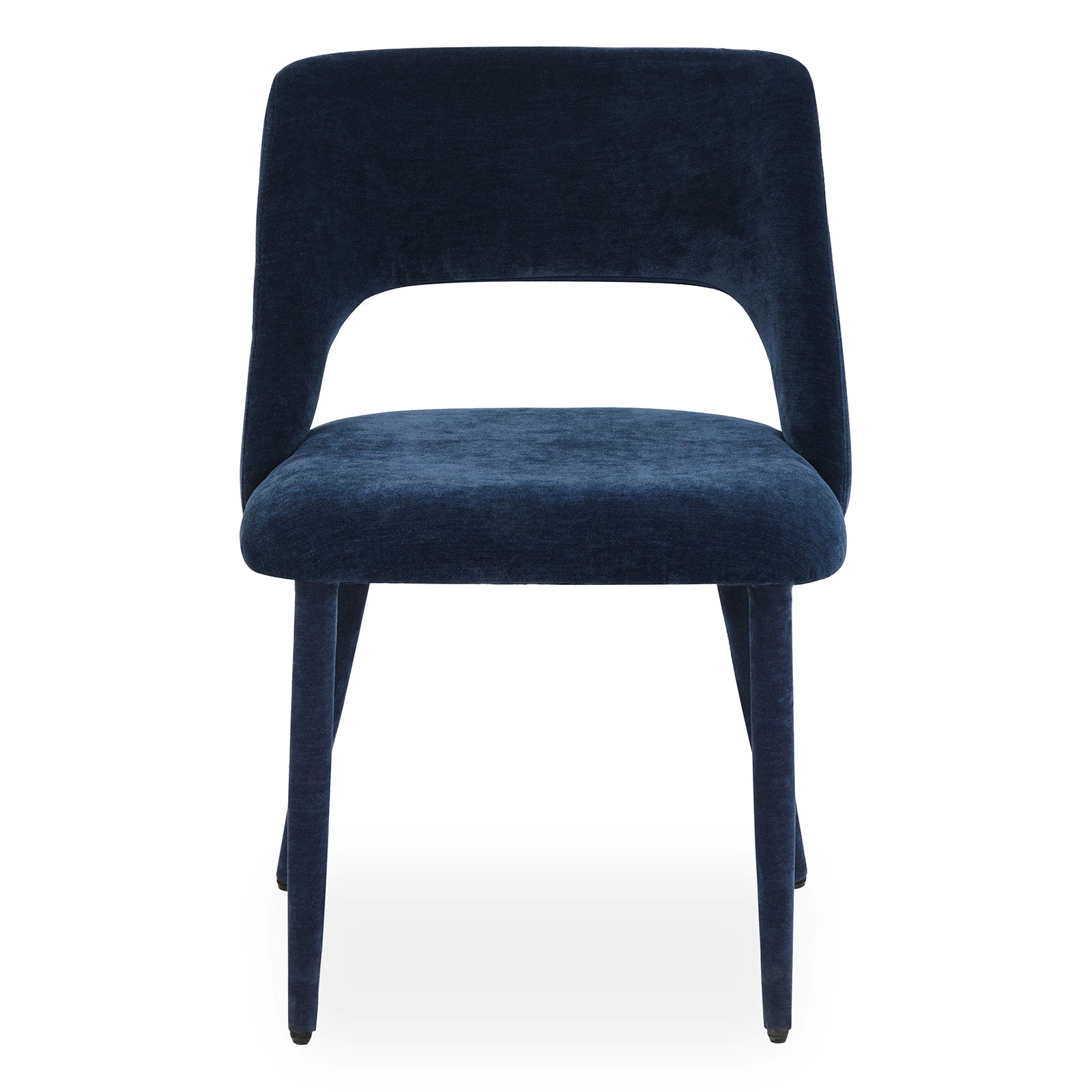 Modern accent chair in dark blue velvet on a white background, front view