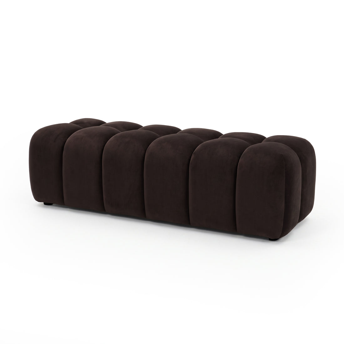 Chocolate brown velvet upholstered ottoman bench on a white background shown in full.