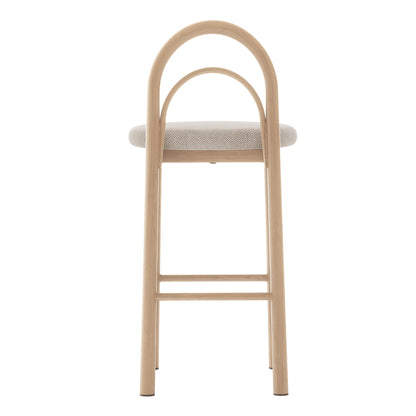Front view of a modern stool with arch-shaped backrest and upholstered seat on white background