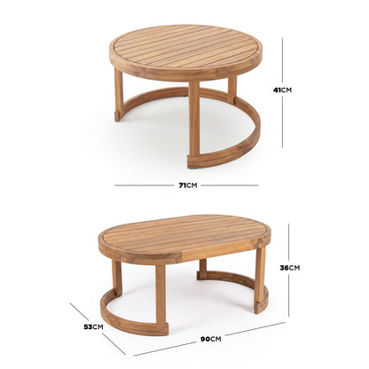 Two wooden tables on white background with dimensions shown