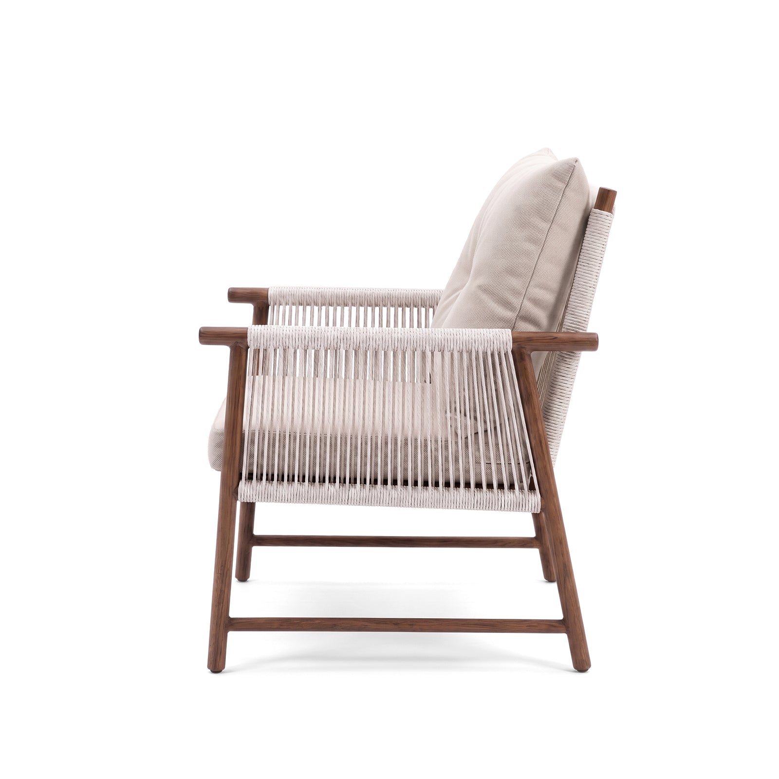 Side view of a modern lounge chair with wood frame and rope detailing on a white background