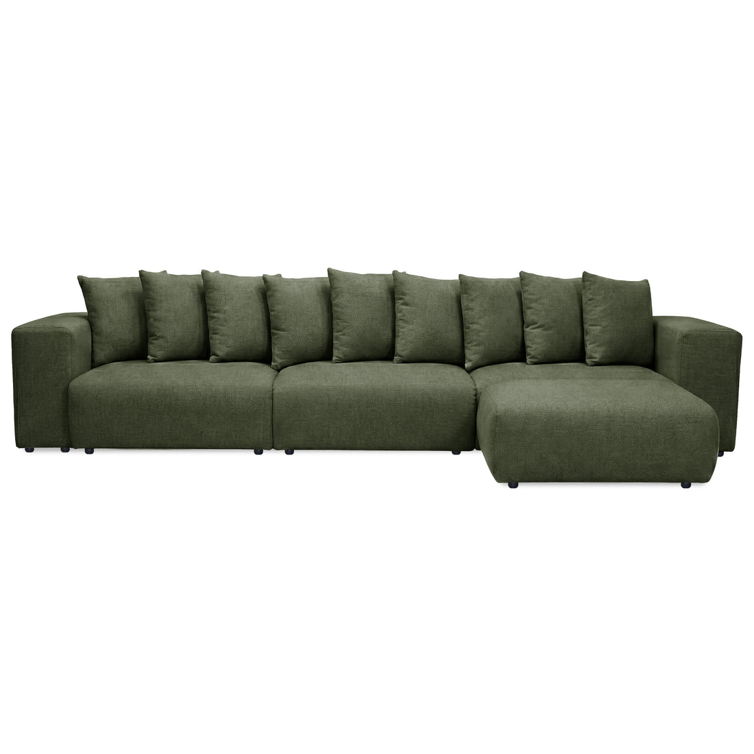 Green sectional sofa with wide arms and cushions on white background