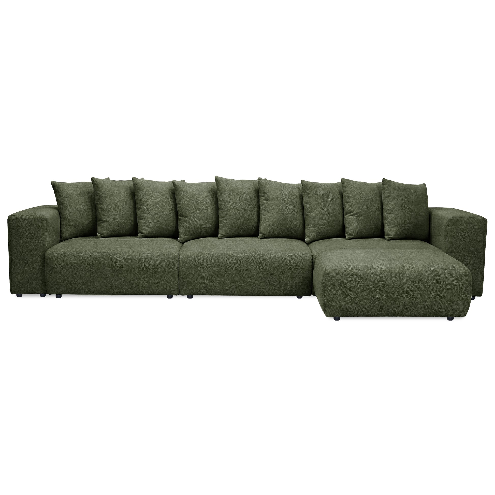 Green sectional sofa with wide arms and cushions on white background
