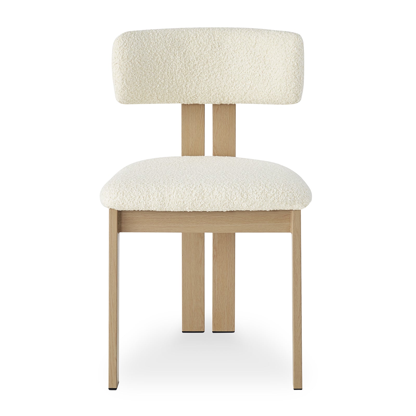 Haleo Curved Boucle Dining Chair Set of 2 in Cream White features a lightly colored wood frame and off-white bouclé upholstery on a curved backrest and padded seat, offering modern comfort and style.