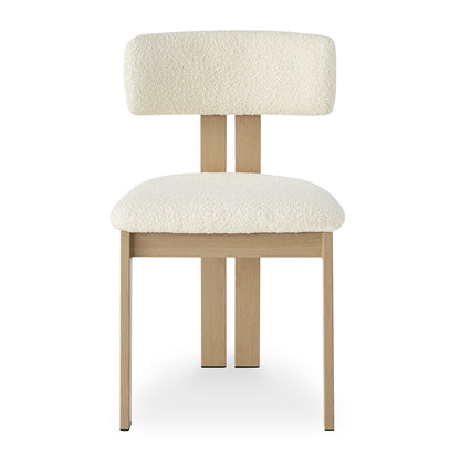 Haleo Curved Boucle Dining Chair Set of 2 in Cream White features a lightly colored wood frame and off-white bouclé upholstery on a curved backrest and padded seat, offering modern comfort and style.