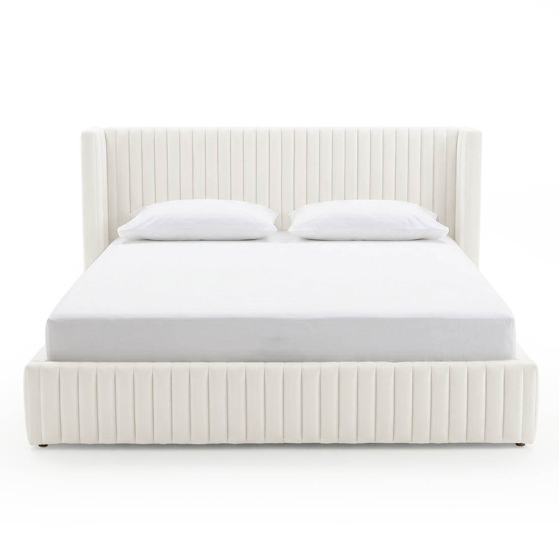 Front view of a cream upholstered bed with vertical channel tufting on white