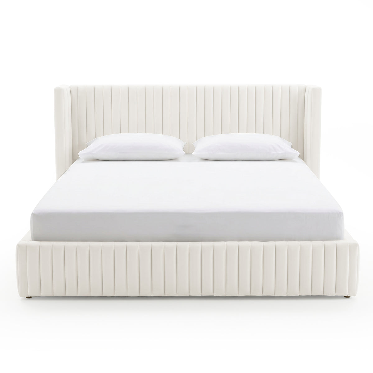 Front view of a cream upholstered bed with vertical channel tufting on white