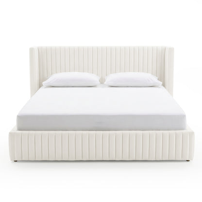 Front view of a cream upholstered bed with vertical channel tufting on white